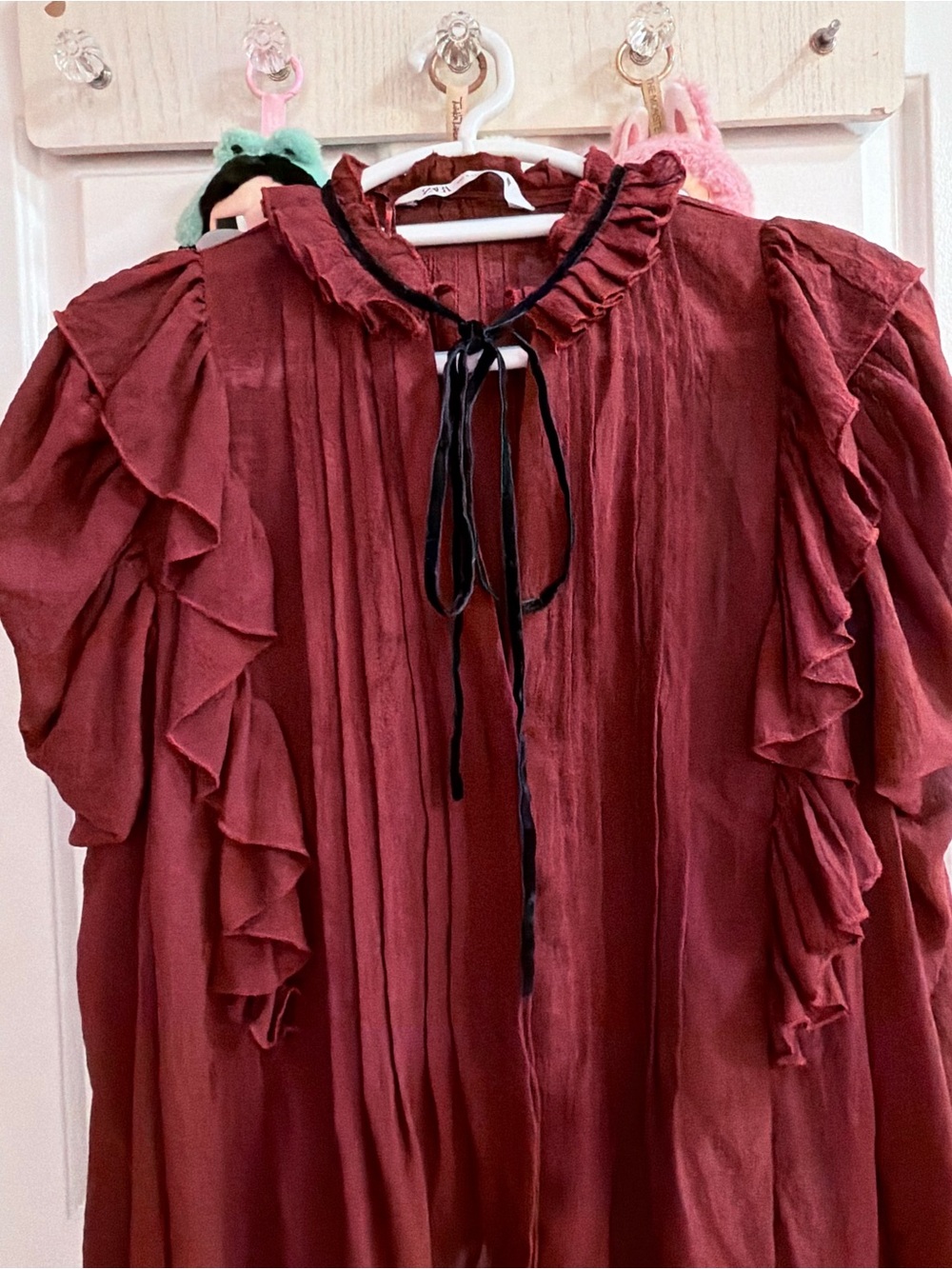 Zara Ruffled Tie-Neck Sheer Blouse - Burgundy - Picture 5 of 8